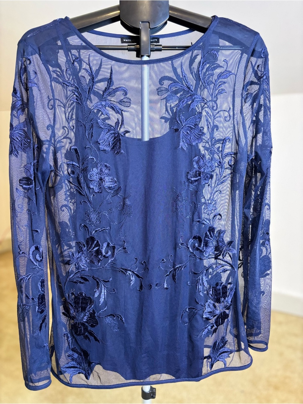 White House Black Market Navy Blue Embroidered Long-Sleeve Mesh Top